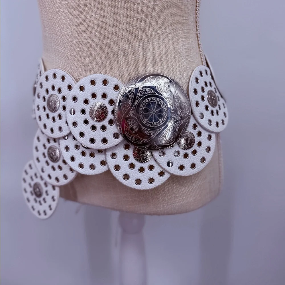 White Concho Disc Belt Western Boho Statement Festival OS